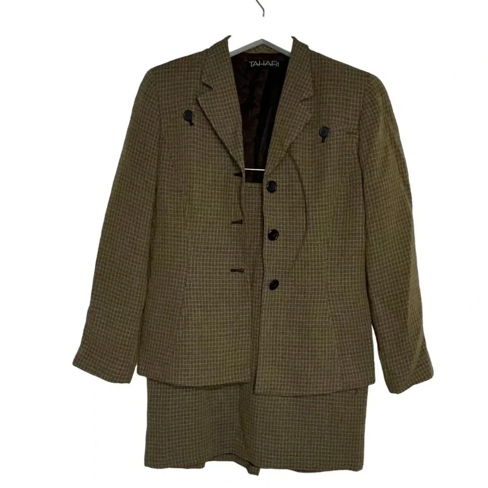 Tahari Skirt Suit Size 10 Brown Wool Blend Micro Check Vintage Made in USA